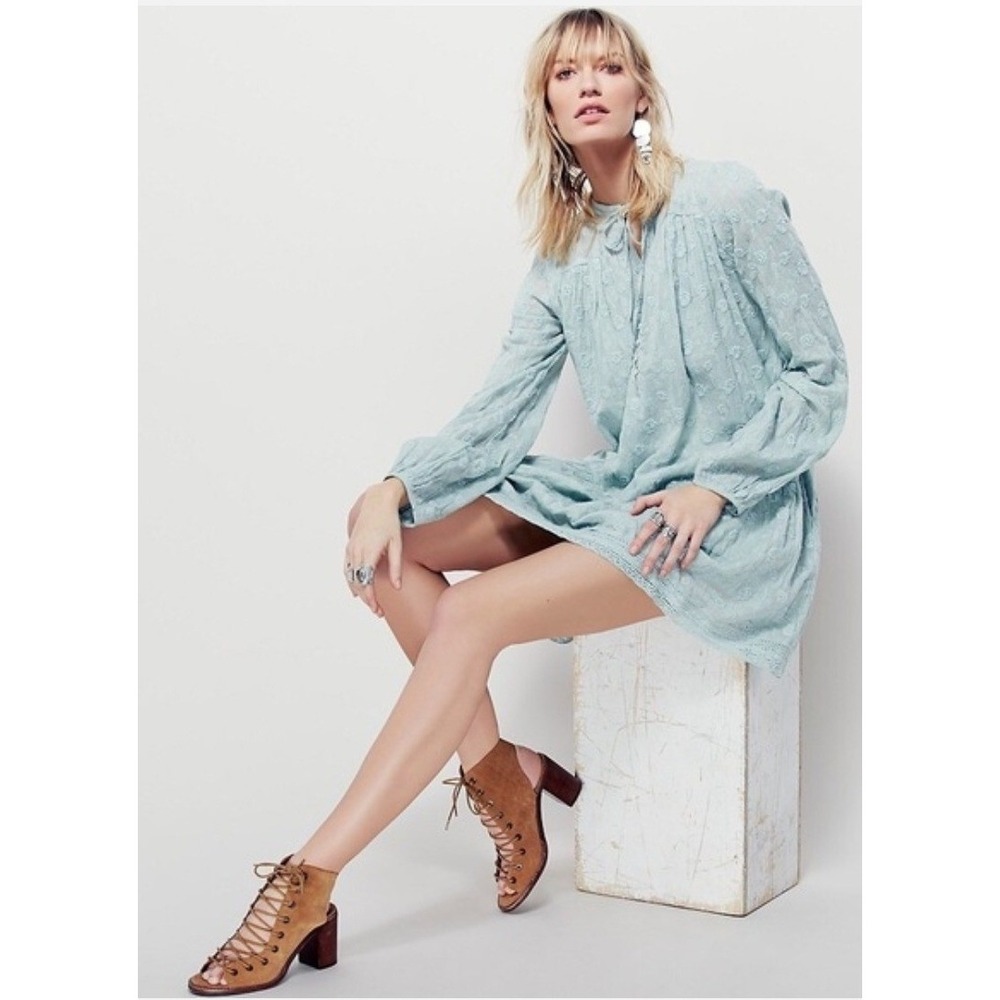 Free People Floral Embroidered Gauze Tunic Dress Womens XS Blue Excellent Boho